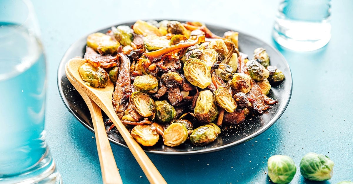 Oven Roasted Brussels Sprouts with Vegan Mushroom “Bacon”