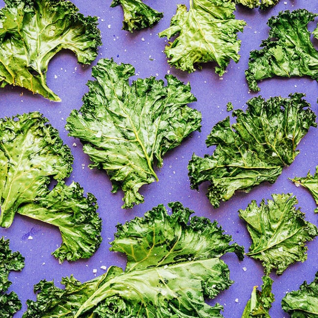 Kale chips on a purple background