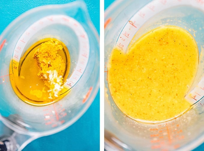 Honey mustard dressing mixed in a cup