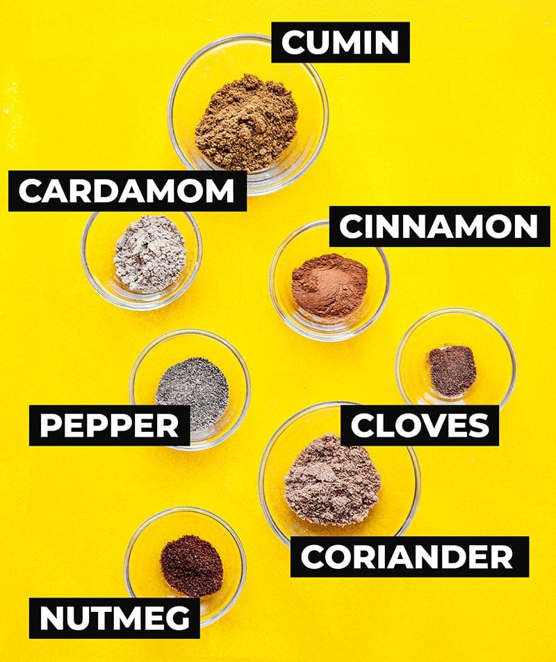 Spices to make homemade garama masala on a yellow background