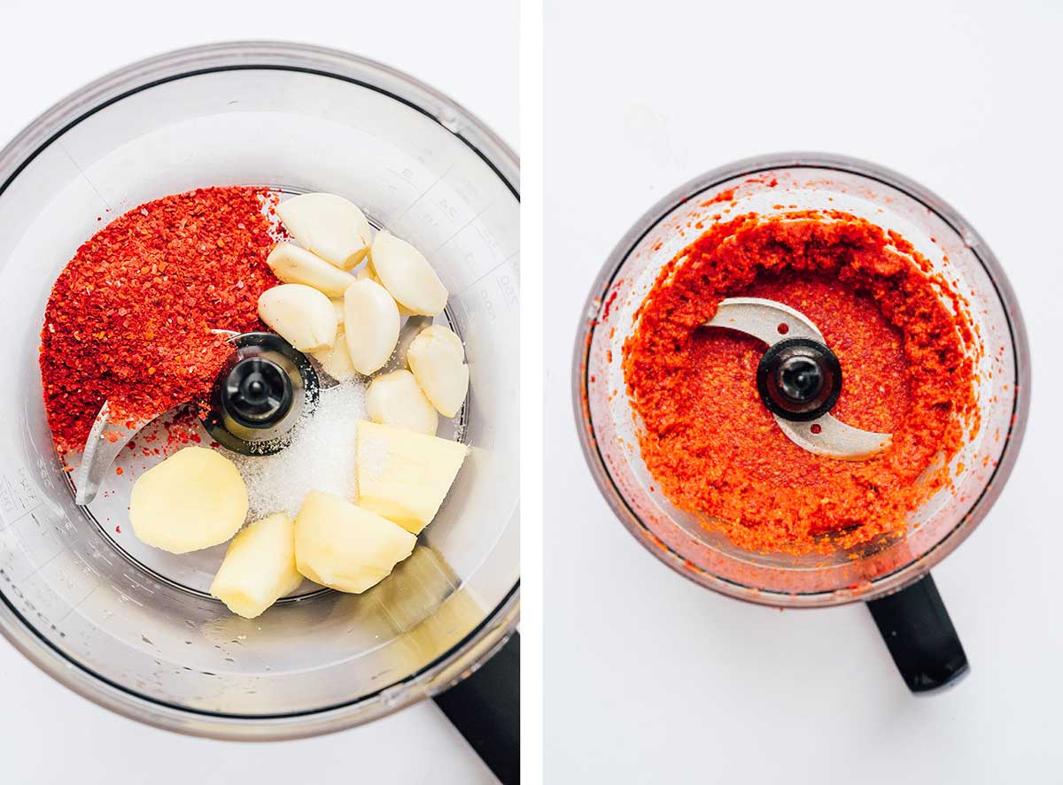 Spicy paste in a food processor for making kimchi