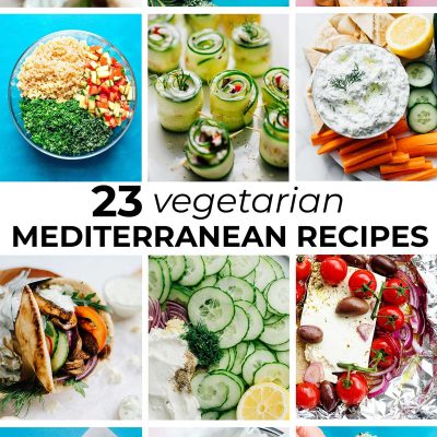 Collage of 23 vegetarian Mediterranean recipes