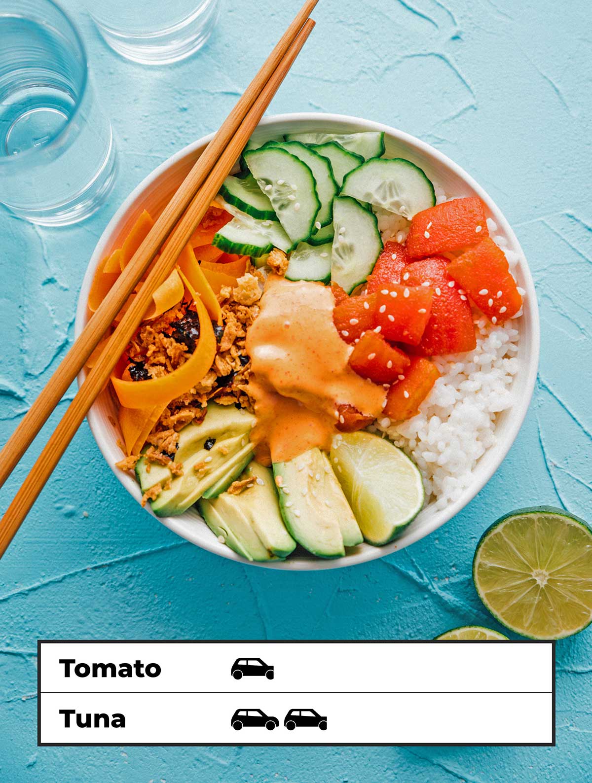 Tomato tuna sushi bowl for reducing carbon footprint