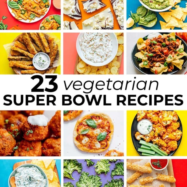 Collage of vegetarian super bowl recipes