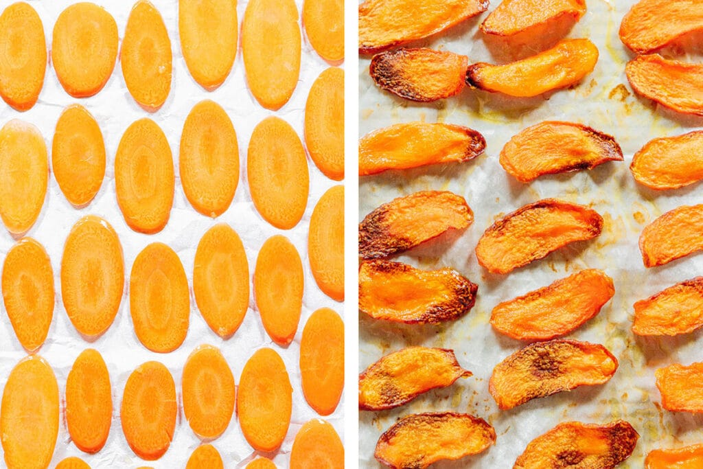 Baked carrot chips before and after.