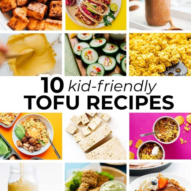 Collage of tofu recipes for kids