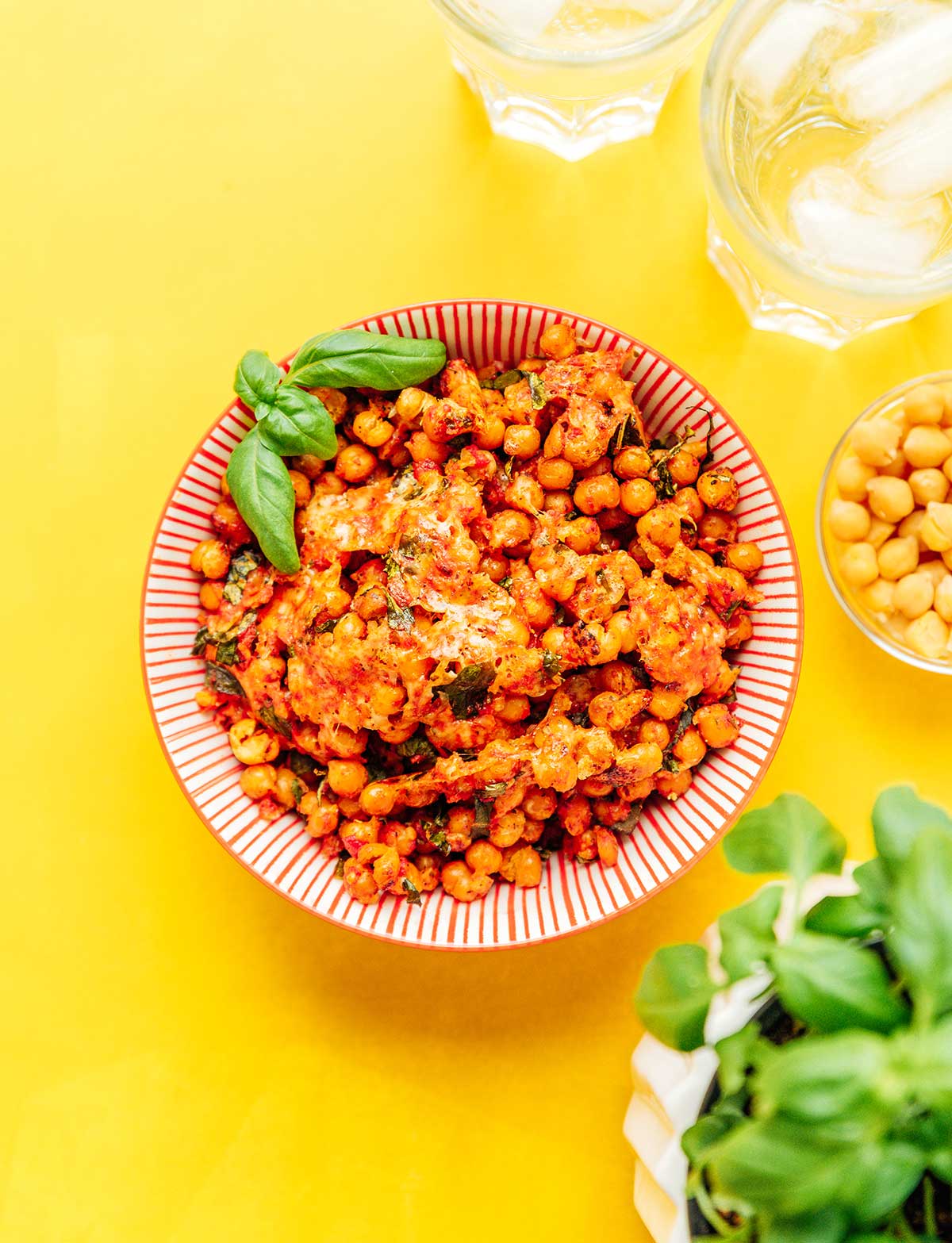 A bowl filled with pizza roasted chickpeas