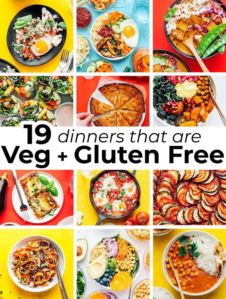 Collage of 12 different gluten-free vegetarian dinners