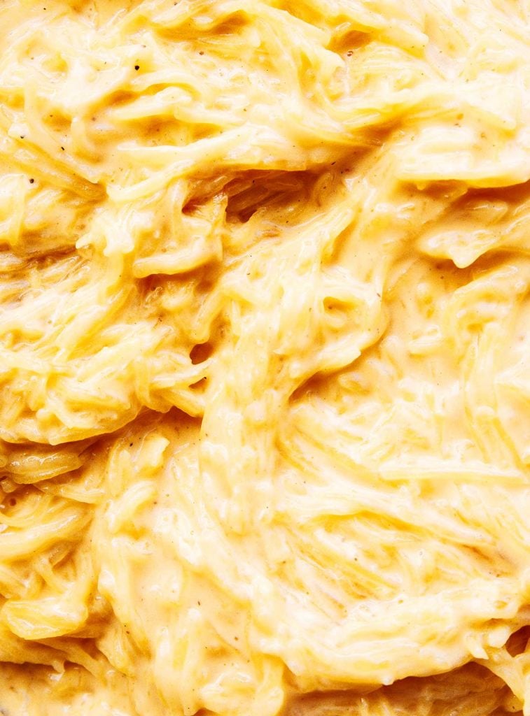 Close-up view of cheese spaghetti squash "noodles"