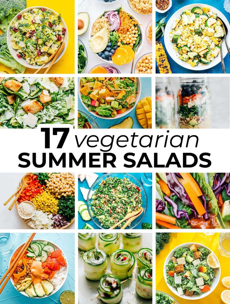 Collage of 12 different vegetarian summer salad images