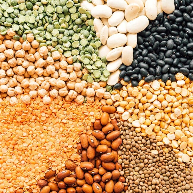 Rainbow of different types of dried legumes