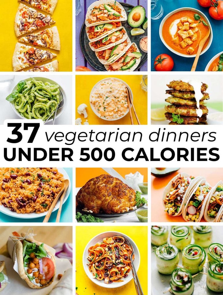Photo collage of 12 vegetarian dinners under 500 calories