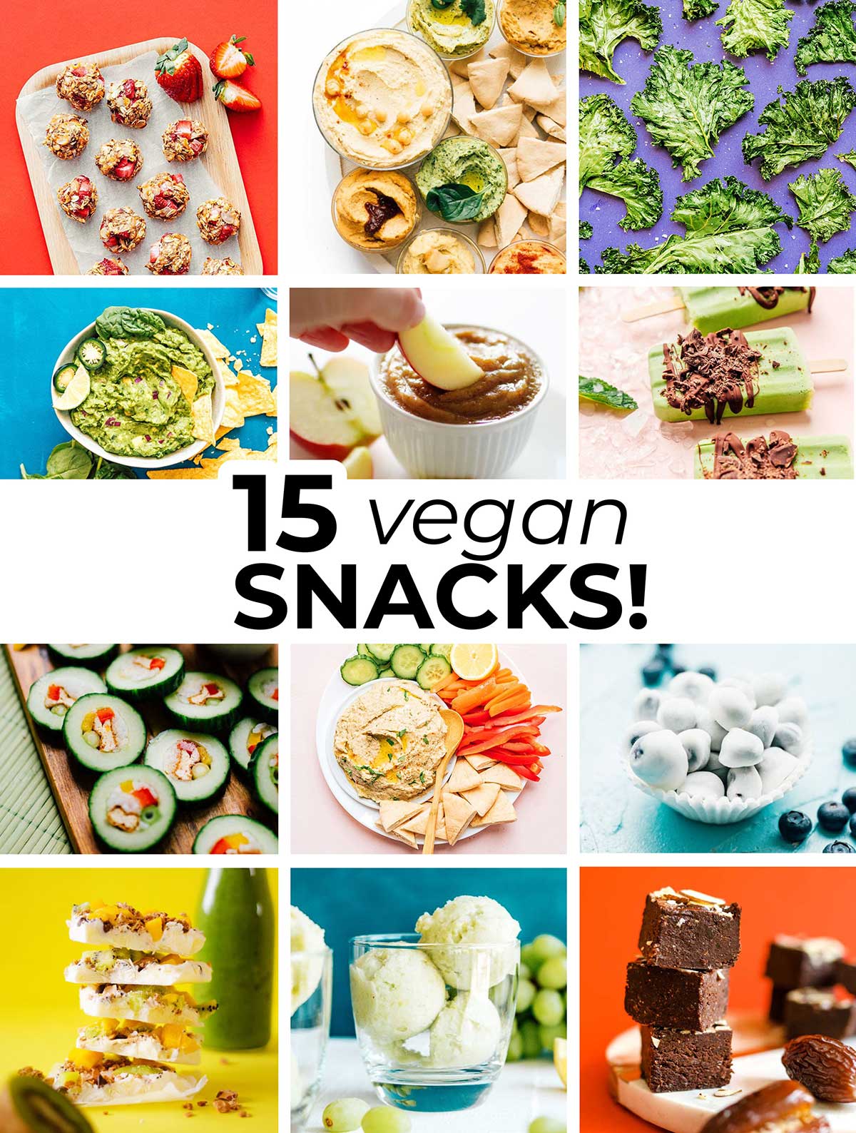 Collage including the featured photos of 15 easy vegan snack recipes