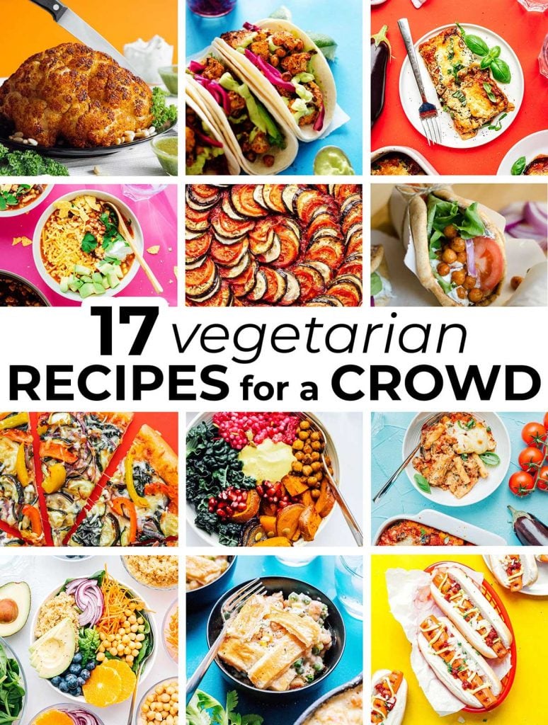 Collage of the featured images from 12 vegetarian recipes for a crowd