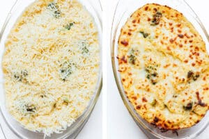 Side-by-side images of a spaghetti squash alfredo casserole in a glass dish: the left shows it uncooked with shredded cheese on top, and the right shows it baked to a golden-brown, bubbly perfection.