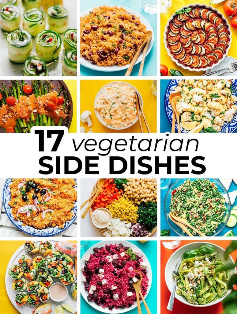 12 image collage filled with featured images from vegetarian side dish recipes