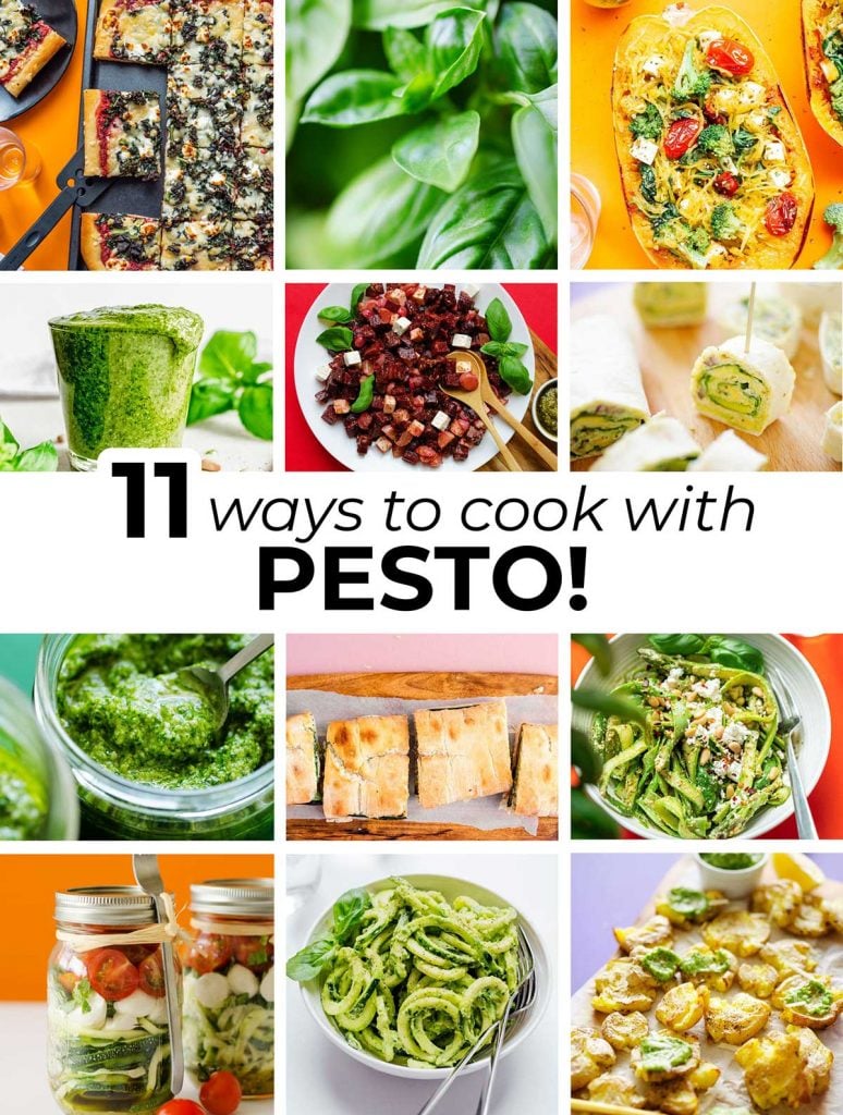 12 image collage including the featured images from 11 recipes using pesto 