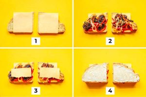 Four-step sandwich-making process: Step 1, two slices of bread with gouda cheese; Step 2, added mushrooms and peppers; Step 3, more gouda cheese on top for a grilled delight; Step 4, mayonnaise spread on the top slice.