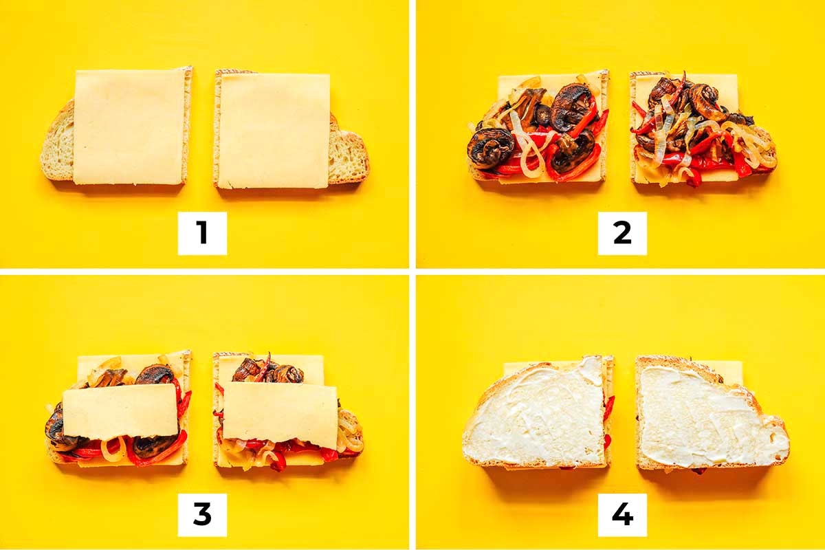 A 4-step image outlining the correct steps for layering the roasted vegetable grilled cheese ingredients
