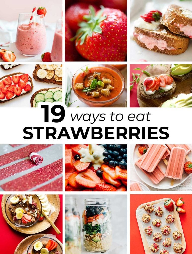 Photo collage including the featured images from 12 strawberry recipes