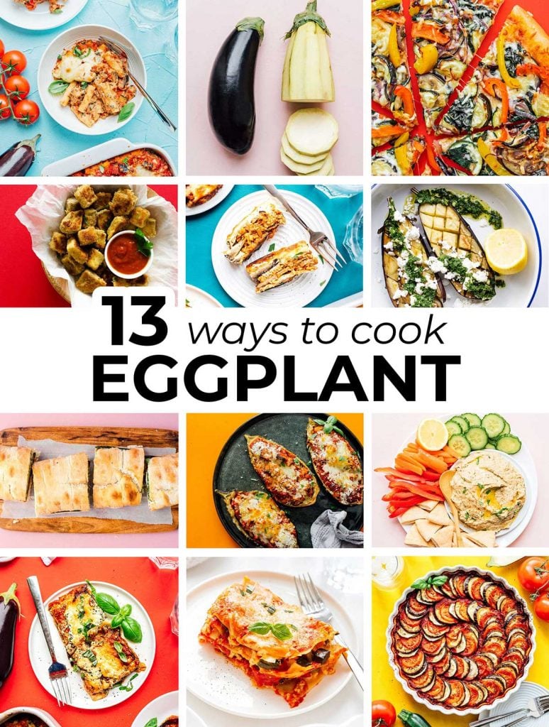 12-image collage including the featured images from 13 recipes that use eggplant