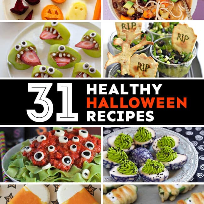 Collage that says "healthy halloween recipes".