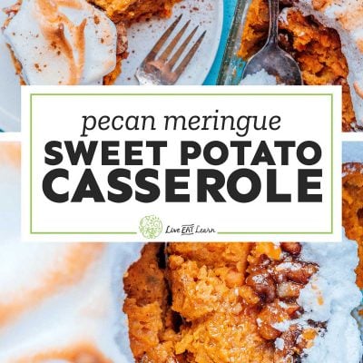 Sweet potato casserole with meringue on a blue background