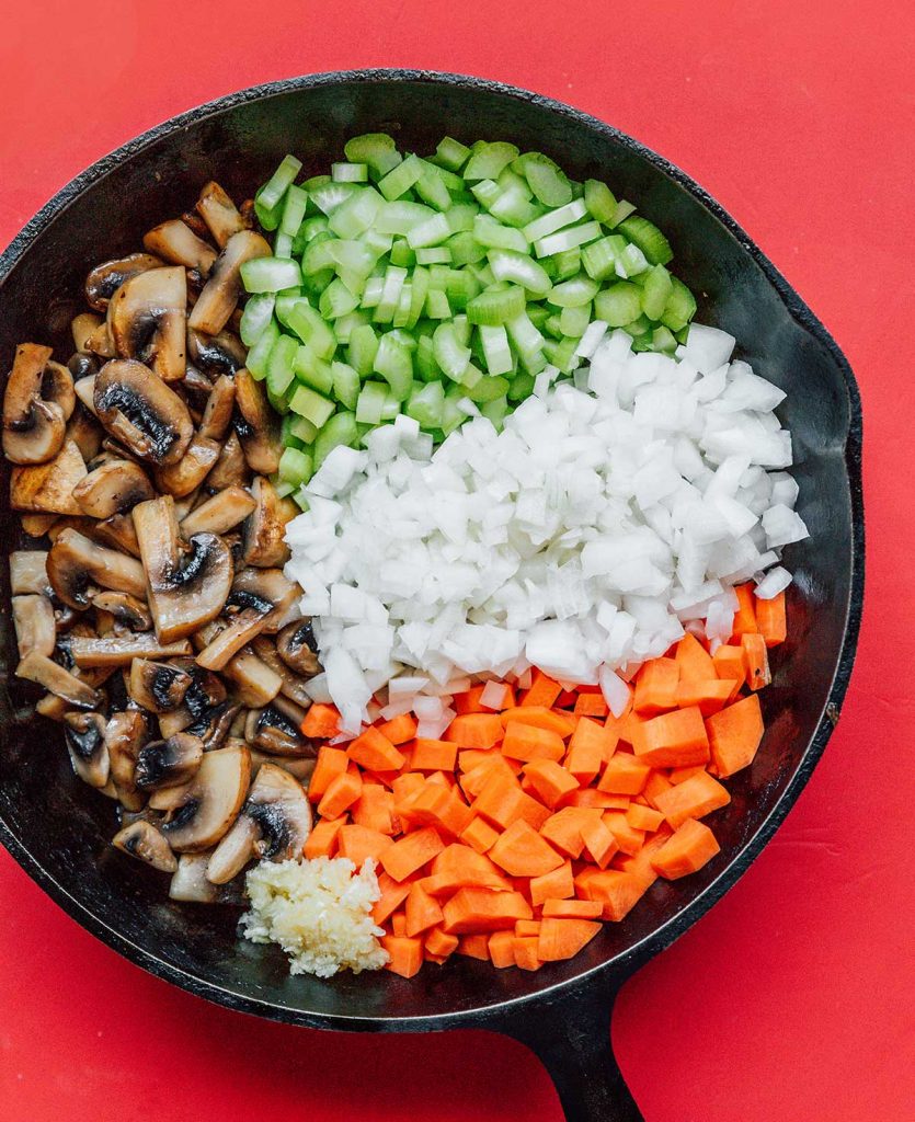 A cast iron skillet filled with sliced cooked mushrooms, minced garlic, and diced celery, white onion, and carrots