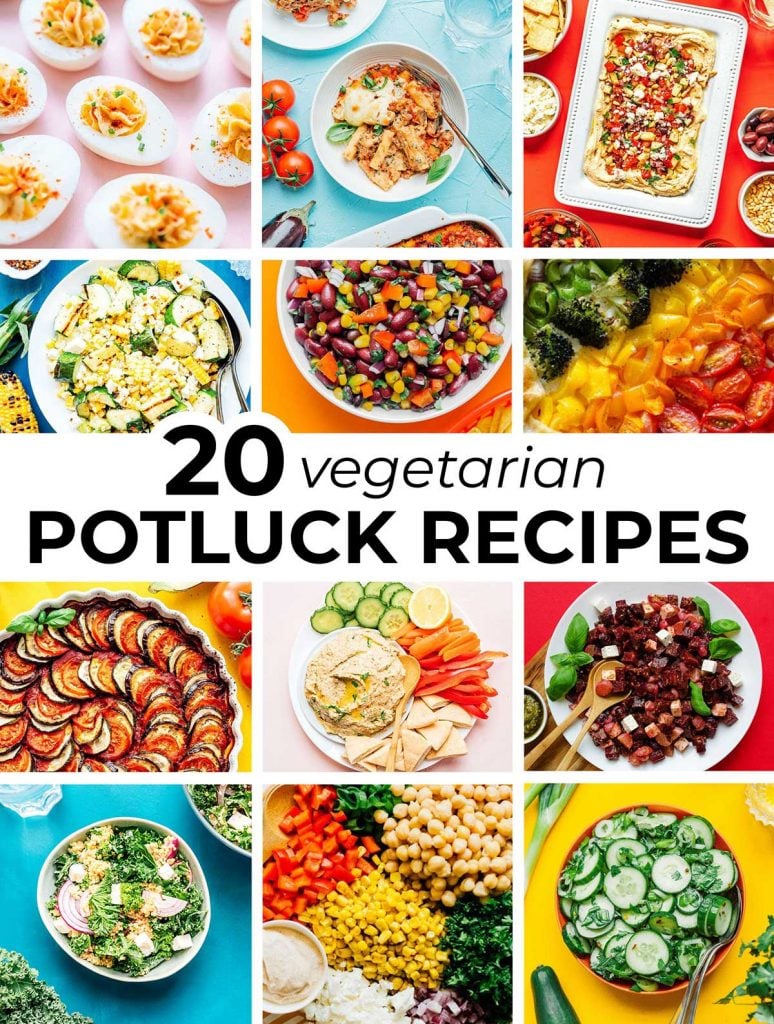 A collage including the featured images from 12 vegetarian potluck recipes
