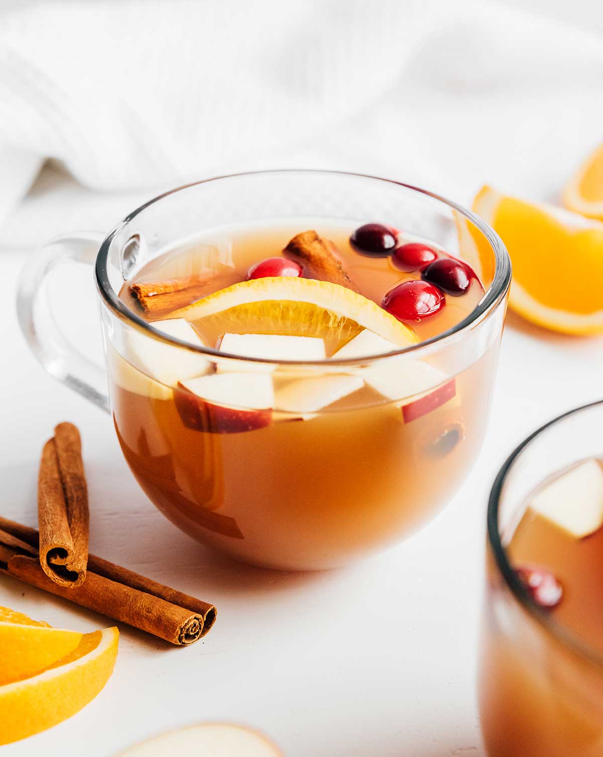 A glass of homemade apple cider garnished with cinnamon sticks, cranberries, and chopped fruit