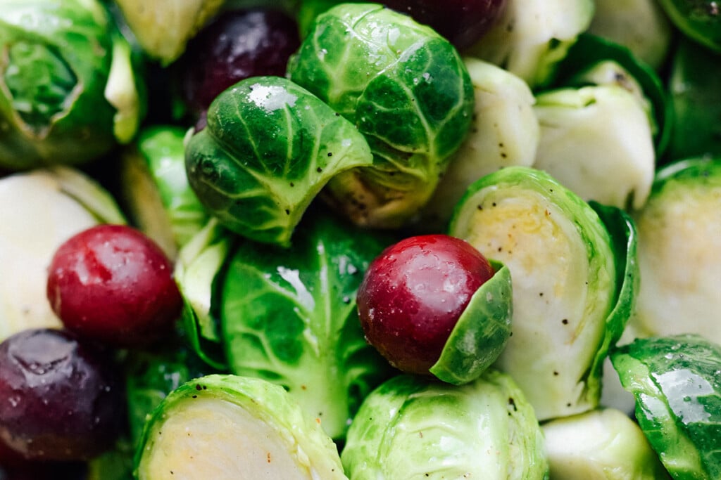 Close up of Brussels sprouts and cranberries.