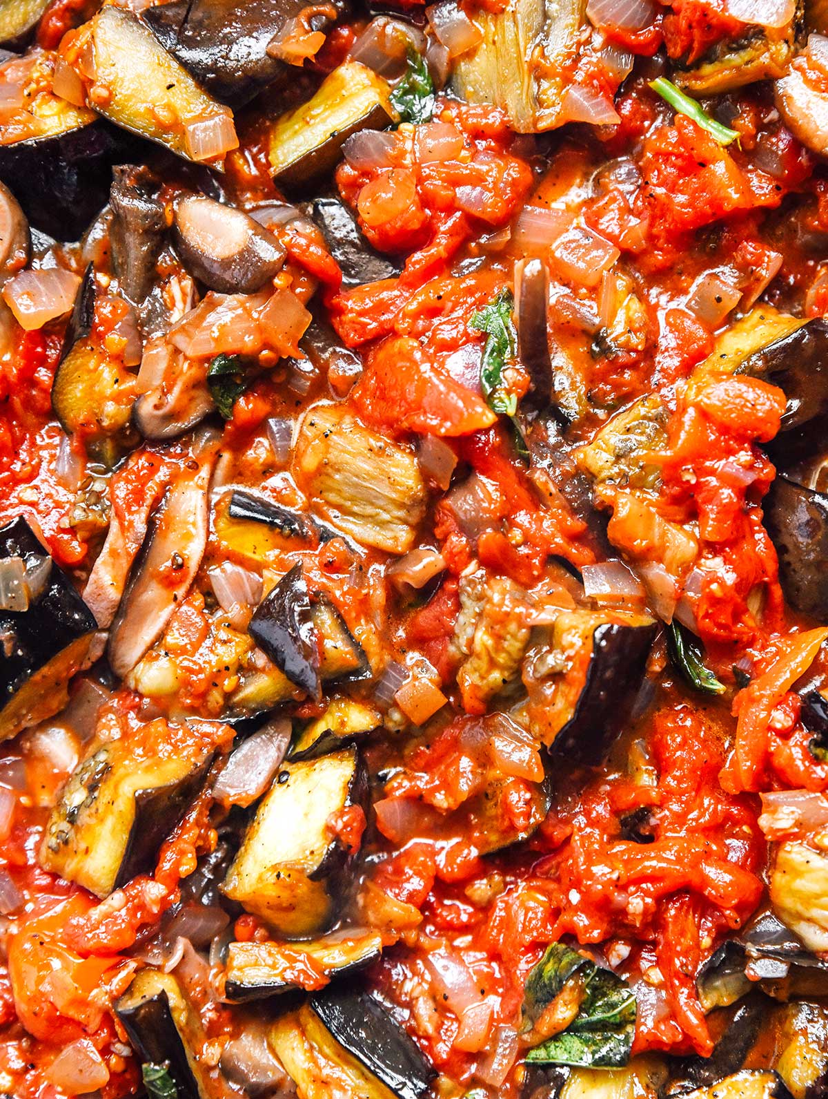 A close up, detailed view of vegetable bolognese sauce ingredients