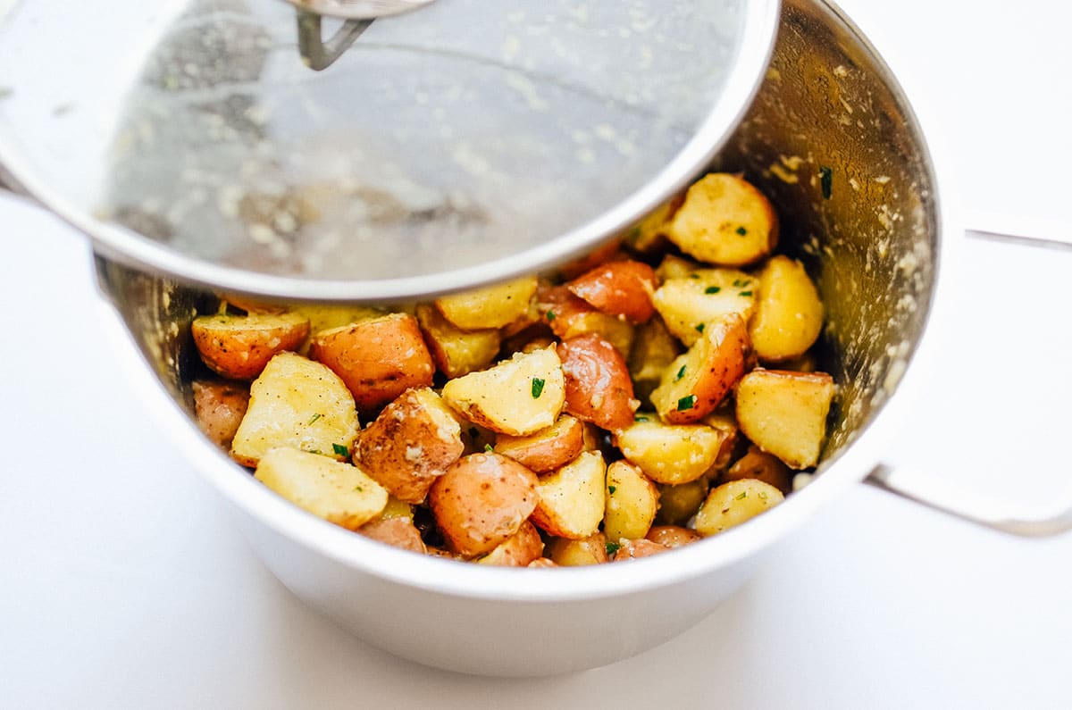 Chuffed potatoes in a pot