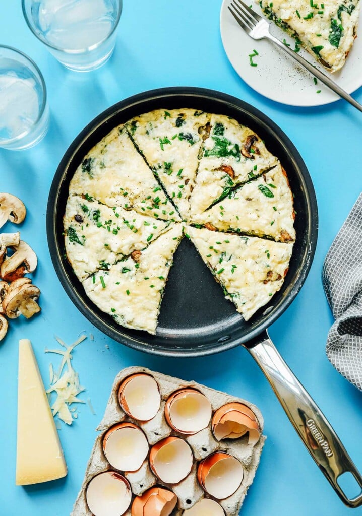 A bird's eye view of a skillet filled with 7 slices of egg white frittata 