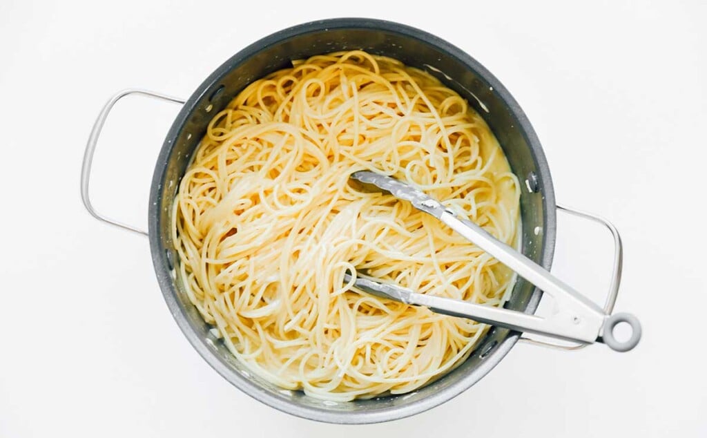 Cooked pasta noodles in a large pot