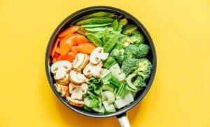 All the vegetables in a pan before cooking.