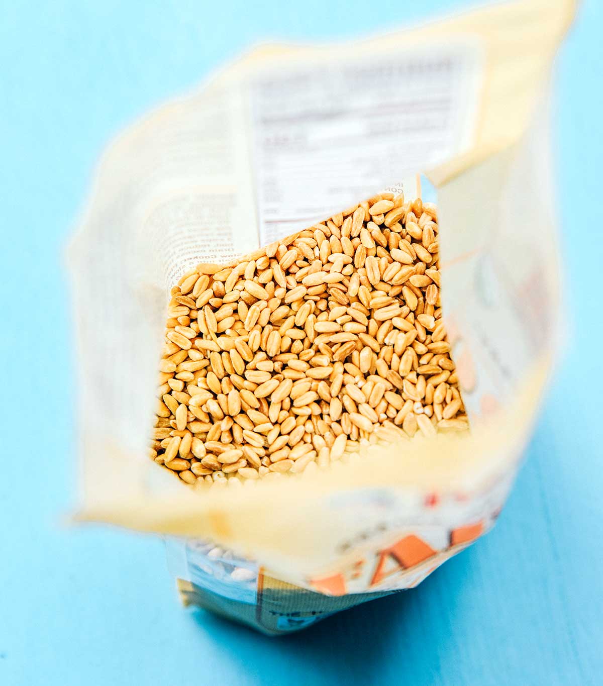 A look inside a bag of uncooked farro grains