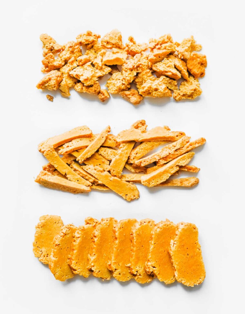 Displaying seitan 3 ways: crumbles, strips, and slices