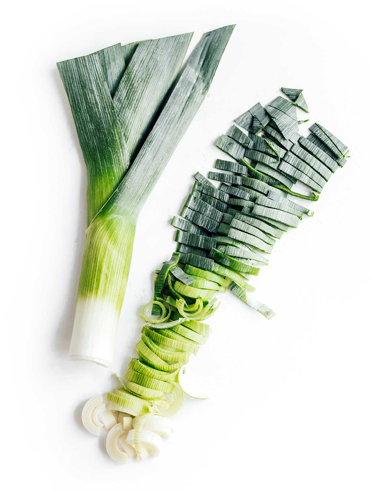 Two leek halves side by side, one whole and one chopped, detailing how to cut leeks