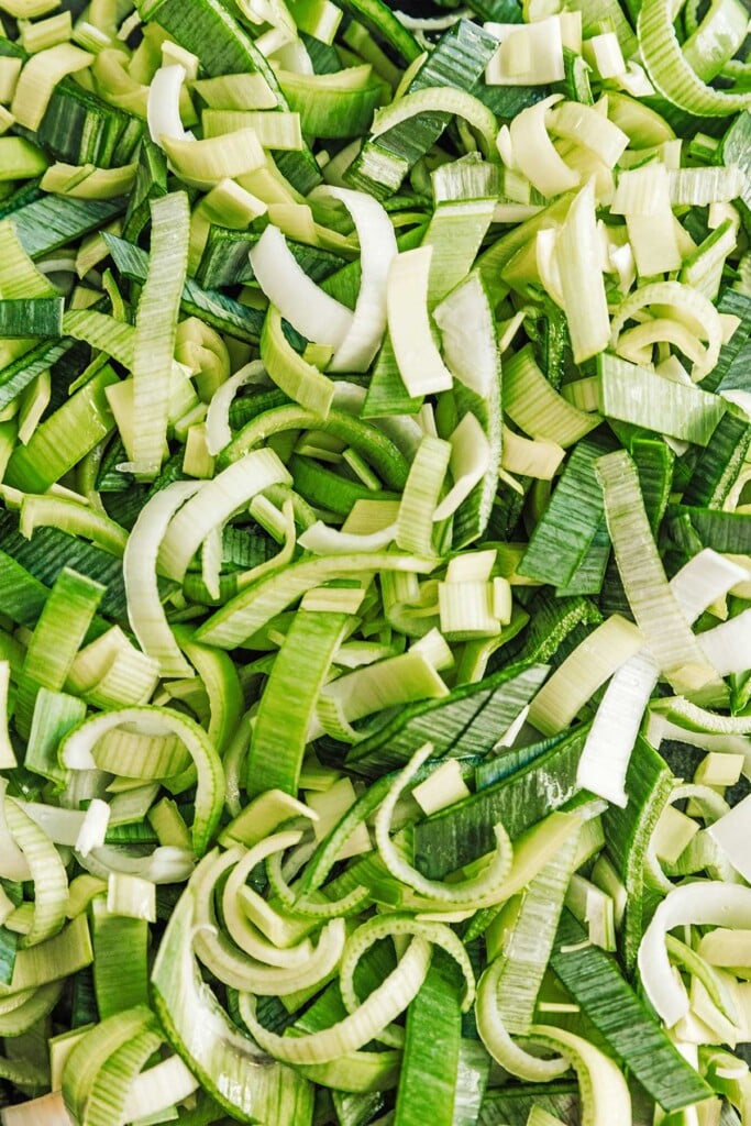 An up-close view detailing the texture of chopped leek pieces