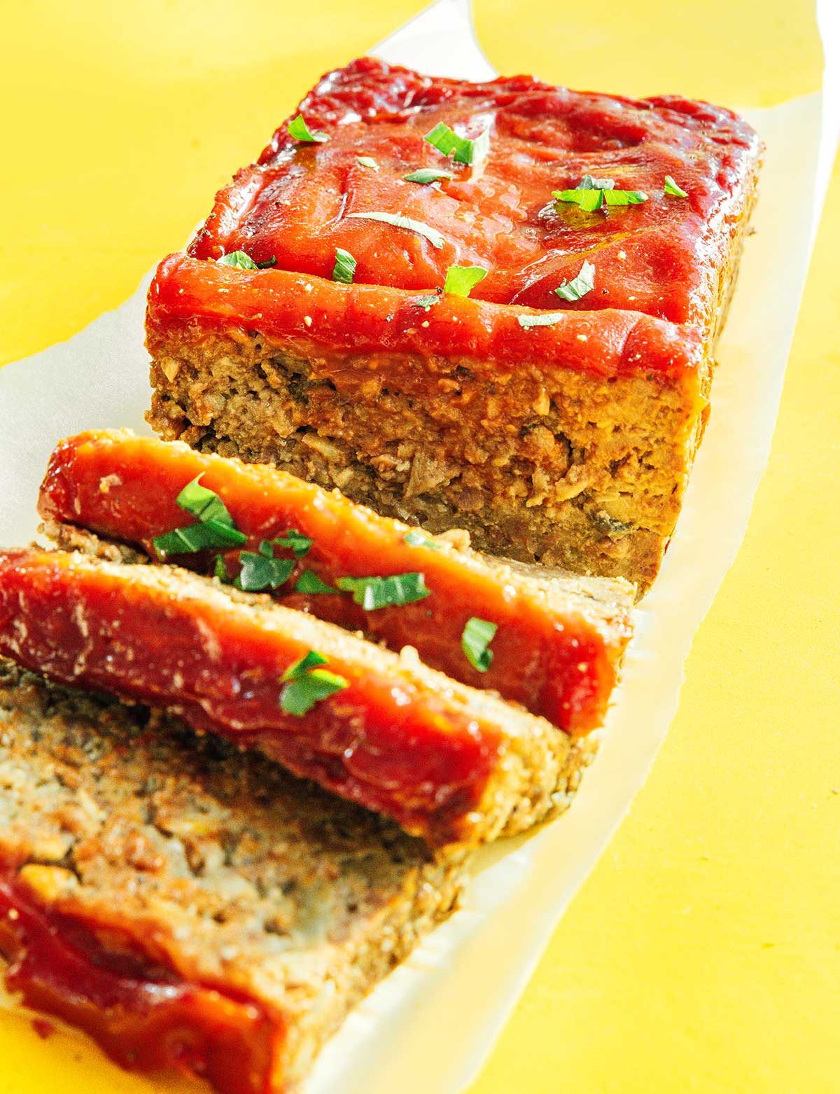 An up-close image displaying the details of mushroom meatloaf