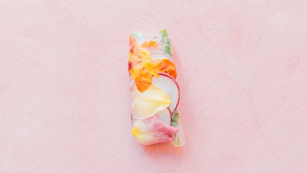 A rolled up spring roll on a pink background