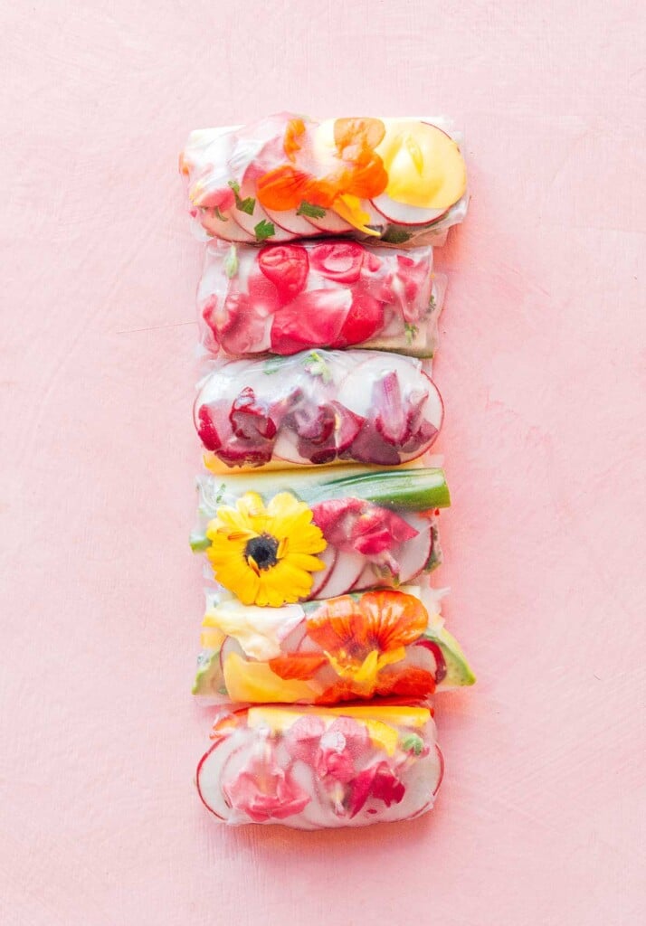 Six edible flower spring rolls arranged in a row on a pink background