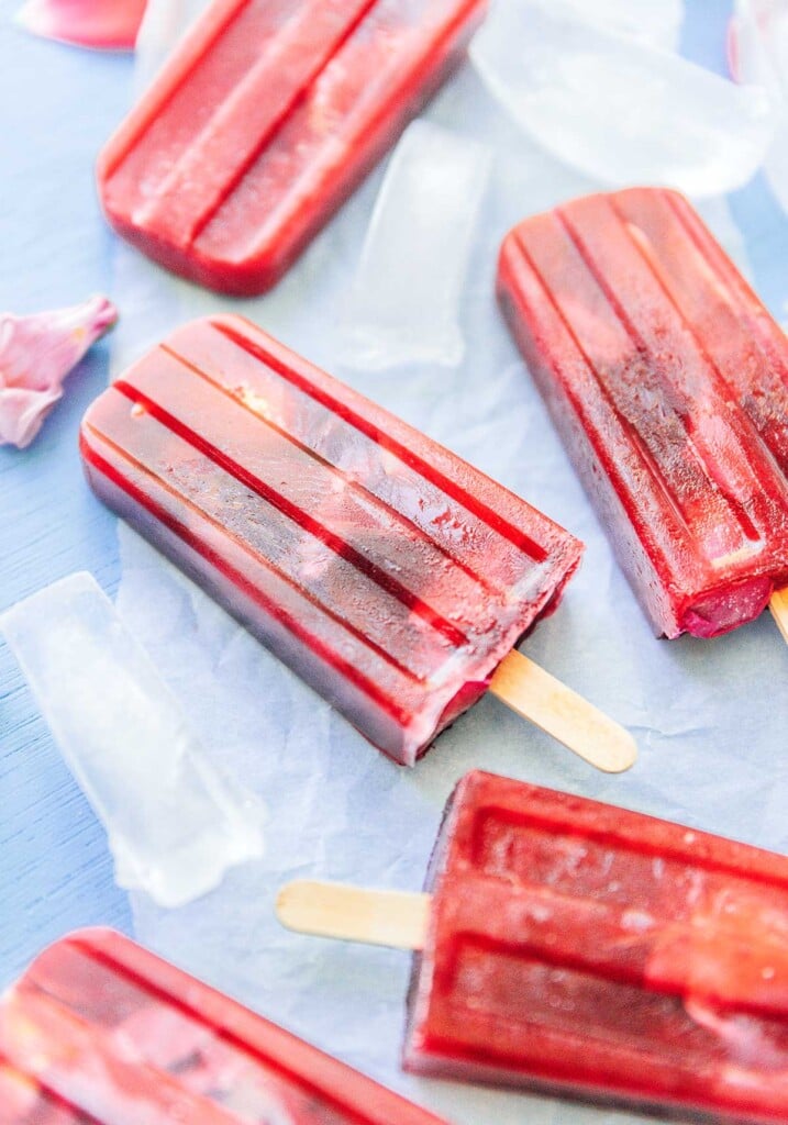 A close-up view detailing the color and texture of hibiscus popsicles