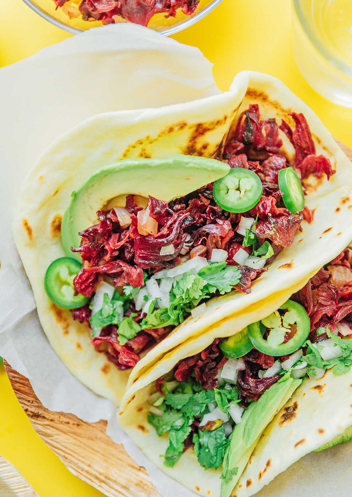 A close up view detailing the texture of hibiscus tacos