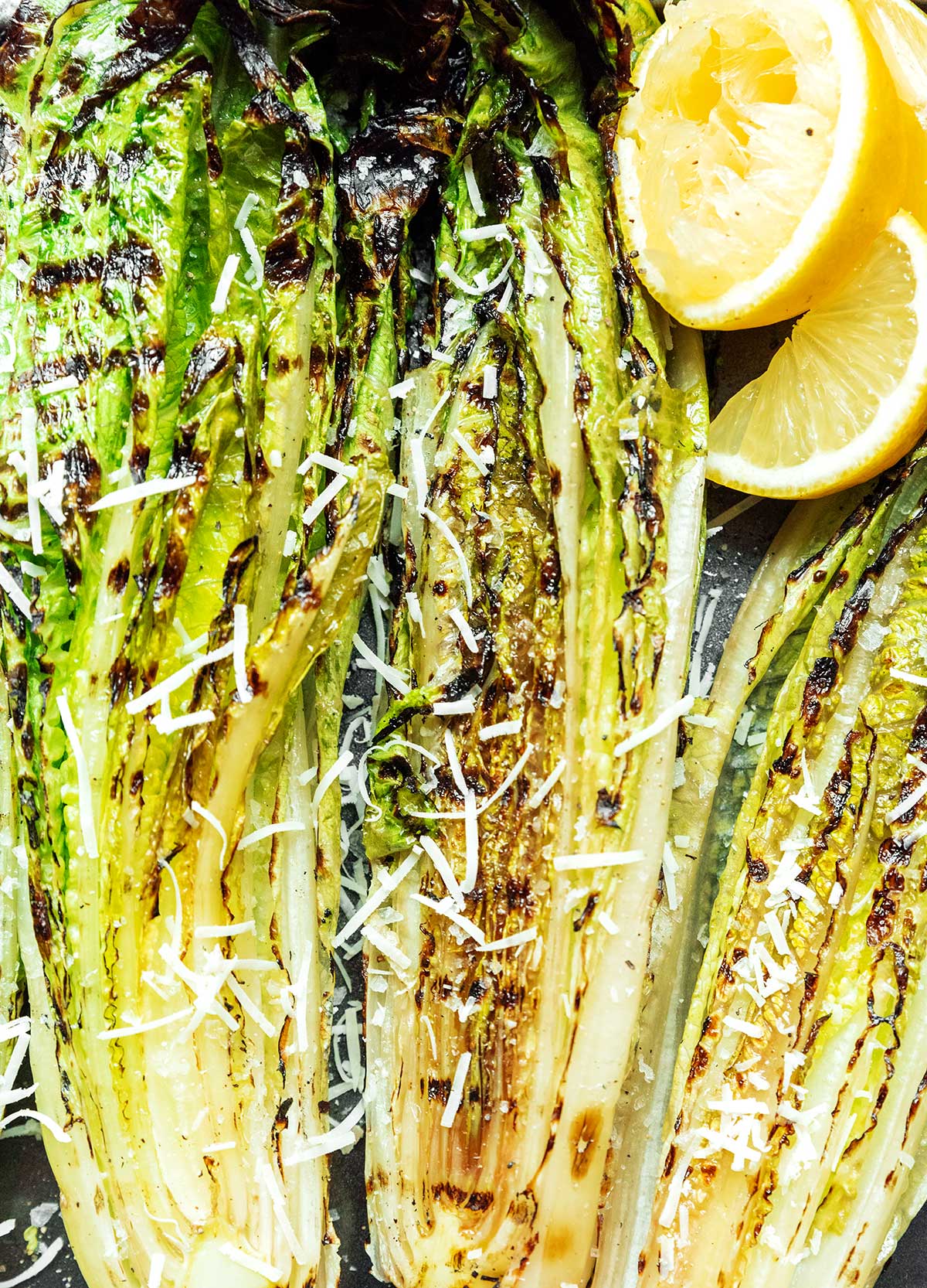 A close up view detailing the texture of grilled romaine hearts topped with parmesan cheese