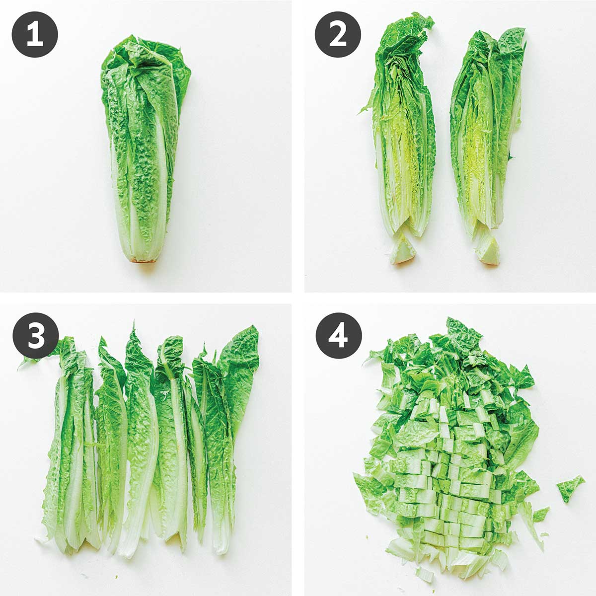A 4-step image depicting how to cut romaine lettuce: cut down the center, remove the stems, and slice