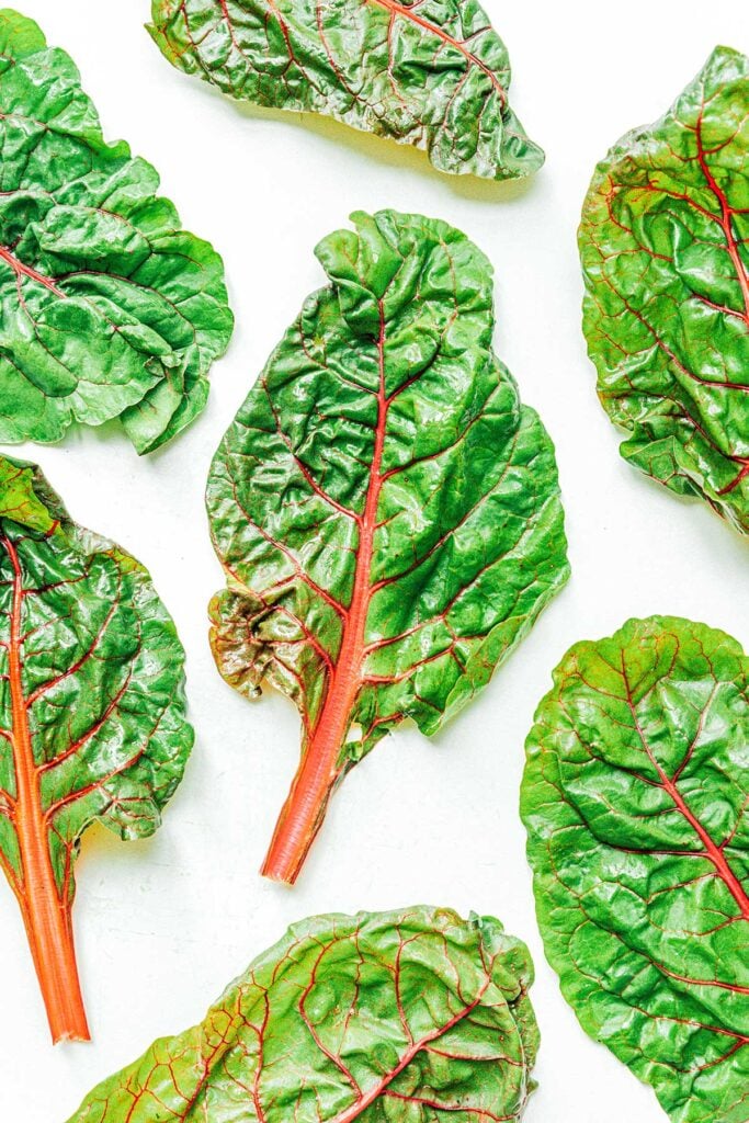 Seven Swiss chard leaves arranged on a white background