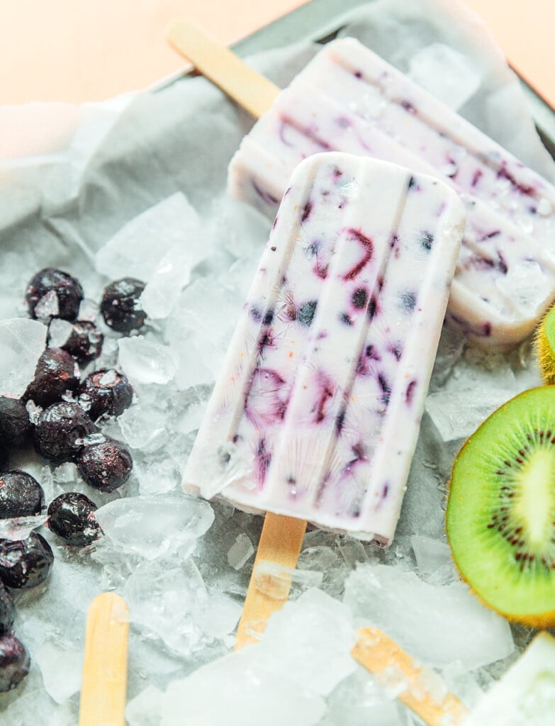 A close up shot detailing the texture and colors of blueberry and yogurt popsicles