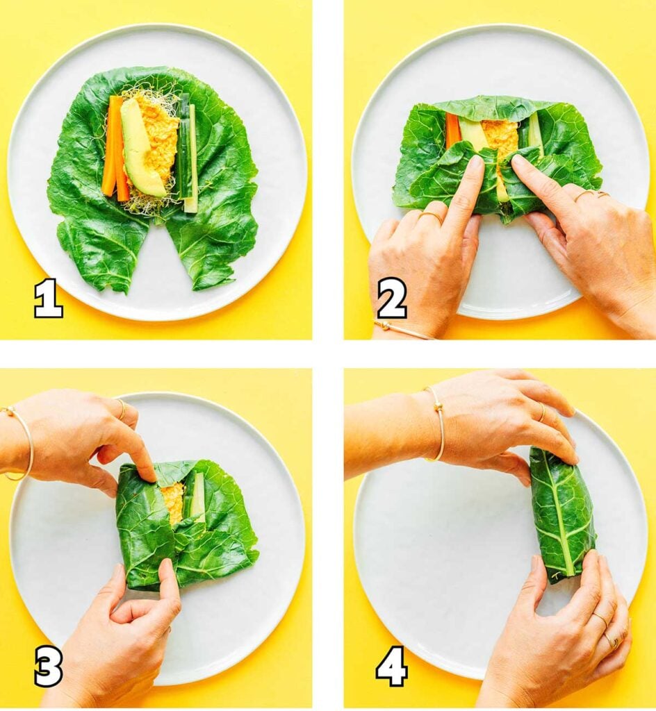A four image collage illustrating how to assemble buffalo collard wraps